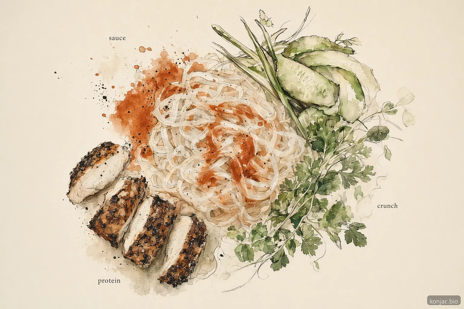 Studio del gusto per ricette con noodles di konjac che mostra salsa intensa, verdure croccanti e proteine che veicolano il sapore senza amido