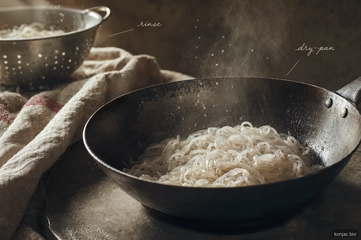 la preparazione della ricetta per shirataki noodles mostra che risciacquo e cottura a secco in padella rimuovono l’acqua in eccesso per una consistenza più elastica