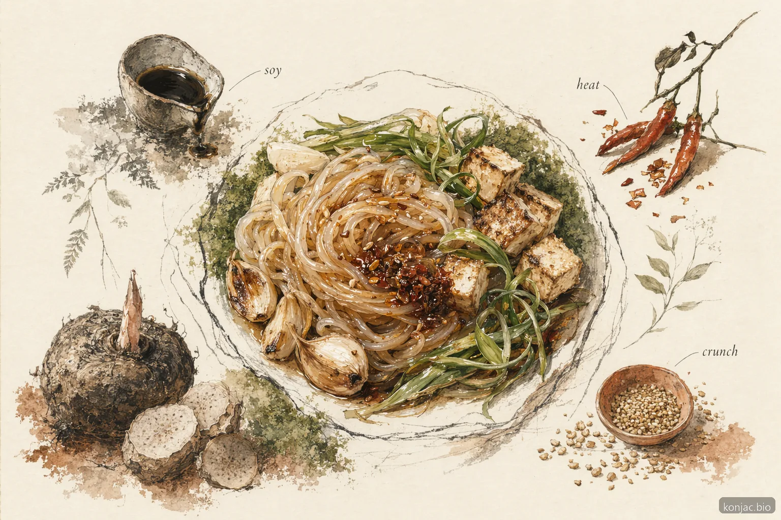 la guida alle salse per ricette con shirataki noodles mostra soia, piccantezza e croccantezza come aggiunte bilanciate per un rapido stir-fry
