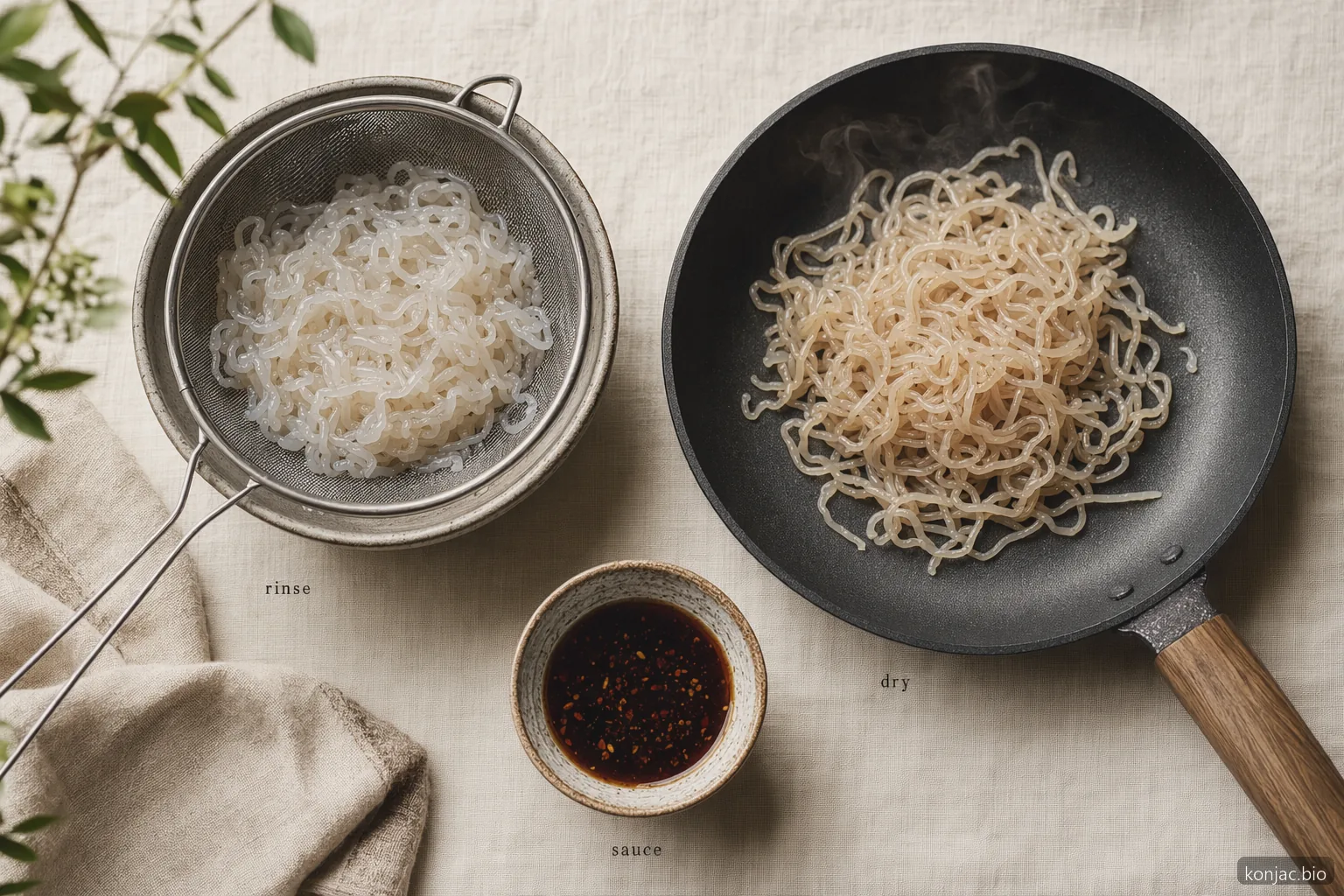 Le ricette per noodles di konjac iniziano con risciacquo, asciugatura in padella a secco e poi aggiunta della salsa, così lo shirataki ha un gusto più pulito.