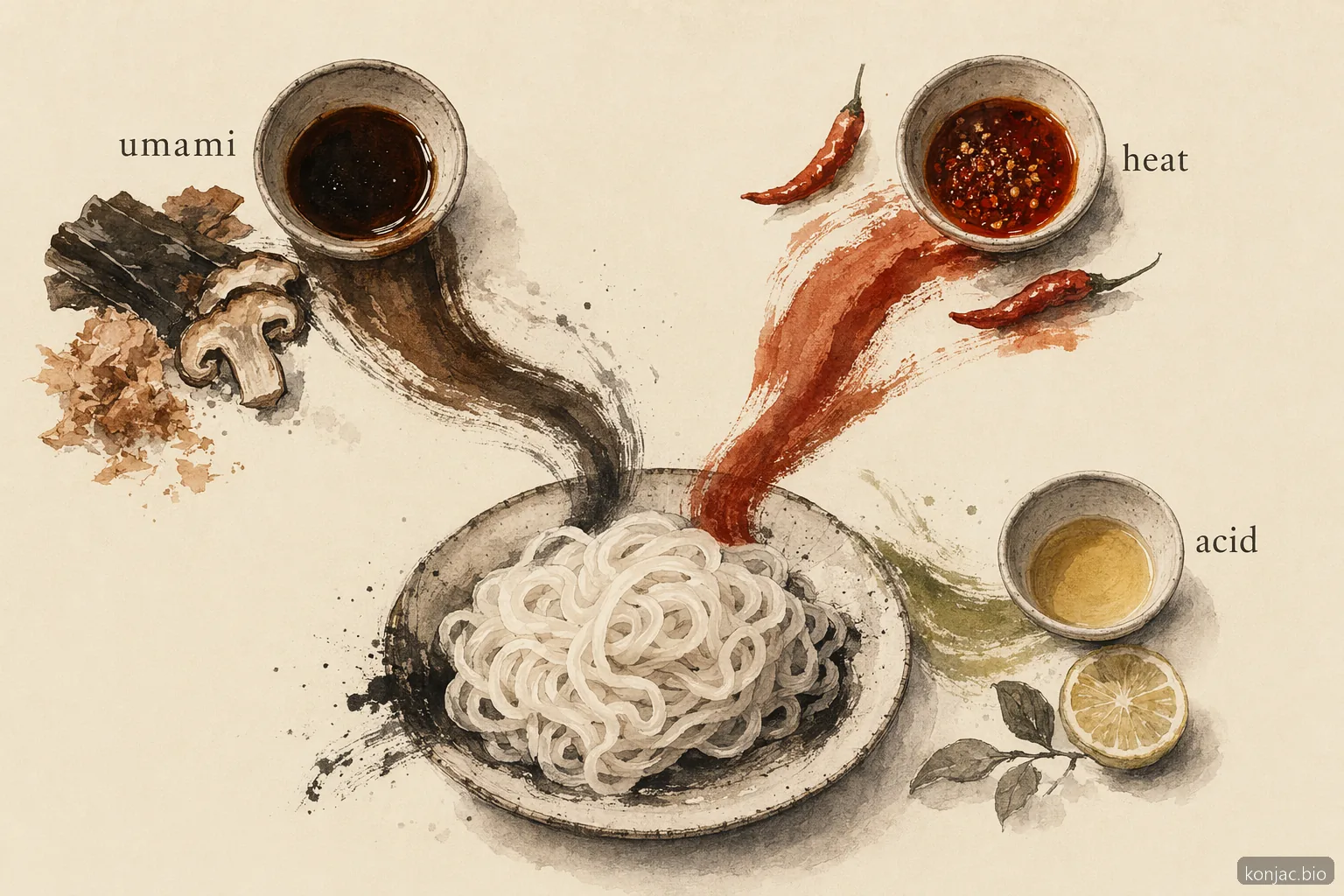 Le ricette per noodles di konjac funzionano al meglio con umami, piccantezza e acidità bilanciati, perché lo shirataki ha una base neutra.
