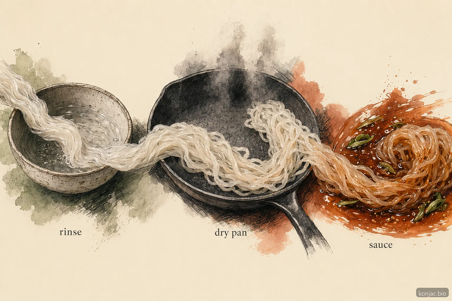 le ricette con noodle shirataki riescono meglio quando vengono sciacquate, asciugate in padella e poi rivestite con una salsa decisa che aderisce