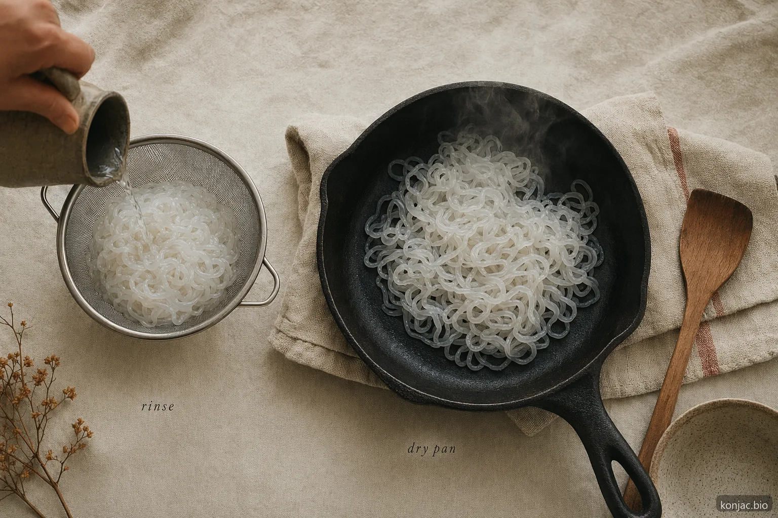 la preparazione della ricetta shirataki funziona al meglio dopo aver sciacquato i noodles e averli cotti in padella a secco prima di salsa e aromi