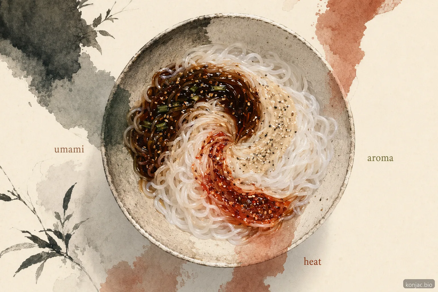 la salsa della ricetta shirataki ha un gusto equilibrato quando umami, aroma e piccantezza rivestono uniformemente i noodles cotti a secco