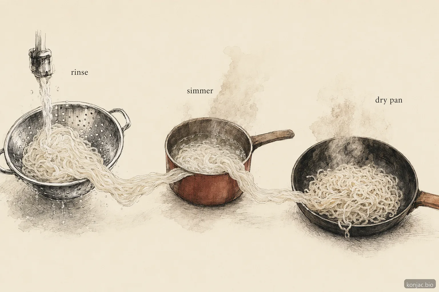 le ricette con noodles shirataki di yam usano risciacquo, sobbollitura e calore in padella a secco per rimuovere l’acqua in eccesso prima della salsatura.