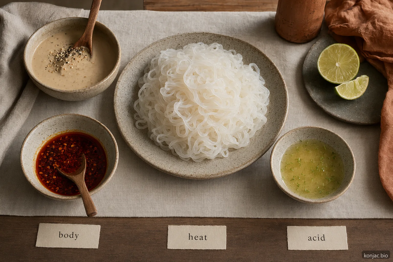 le ricette con noodles shirataki di yam hanno un gusto equilibrato quando la salsa ha corpo, piccantezza e acidità attorno a noodles asciutti.