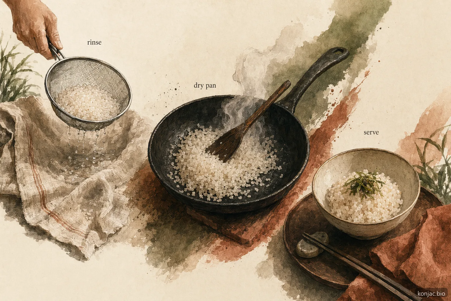 il riso di konjac cuoce meglio se risciacquato, scolato e riscaldato in padella a secco prima di servire, per ridurre la consistenza acquosa