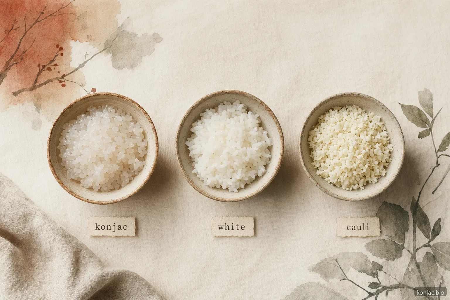 il riso di konjac si differenzia dal riso bianco e dal riso di cavolfiore per i suoi chicchi gelatinosi traslucidi e il ruolo a bassissimo contenuto di carboidrati