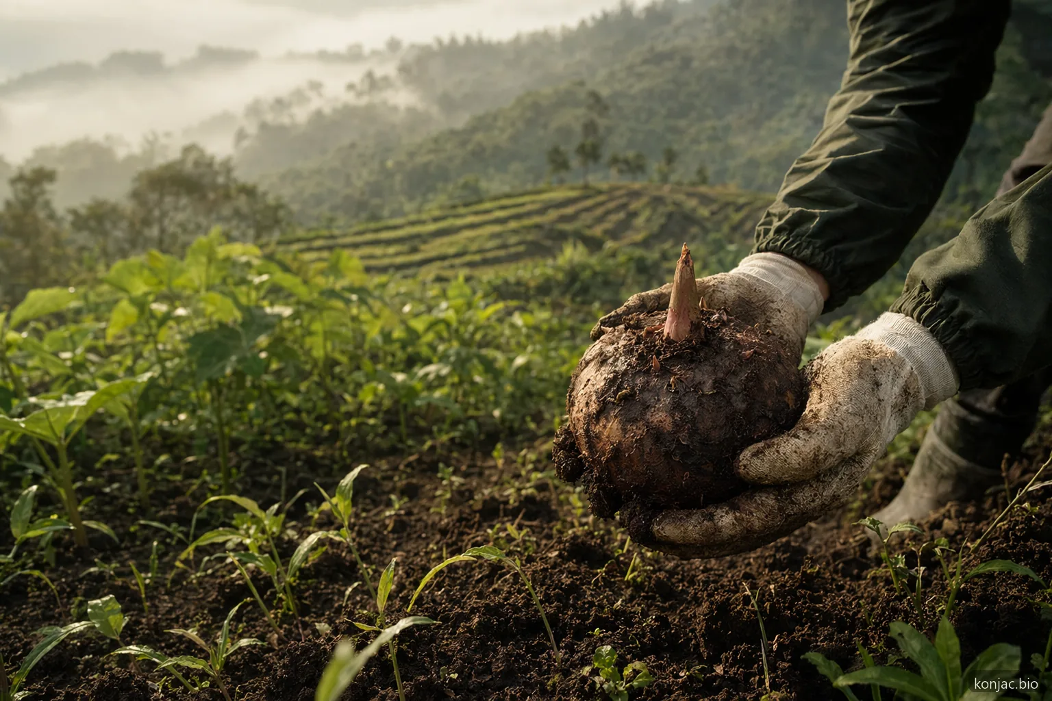 il riso di konjac parte dai cormi di konjac coltivati in campi collinari, rendendo importanti l’approvvigionamento e i controlli qualità