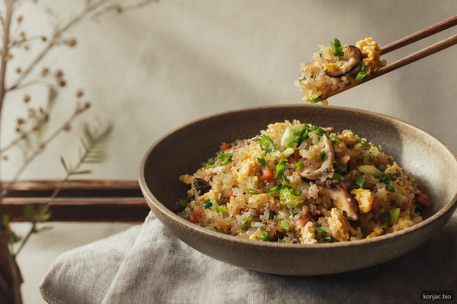 il riso di konjac funziona nei saltati in padella rapidi quando cotto a secco, veicolando verdure e condimenti senza un carico elevato di carboidrati