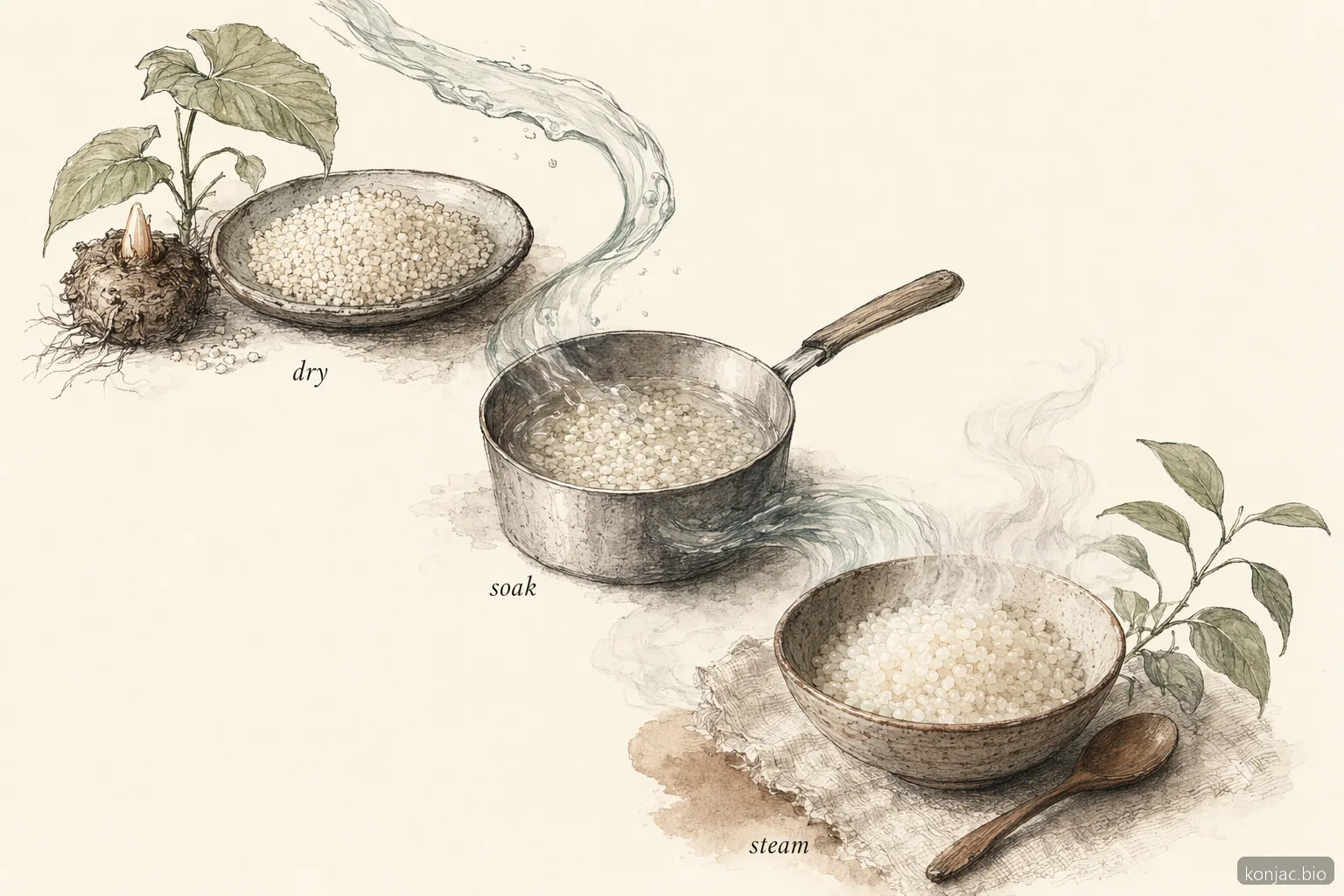 Il flusso di cottura del riso konjac essiccato mostra i chicchi secchi che si reidratano in acqua e finiscono come una ciotola fumante.