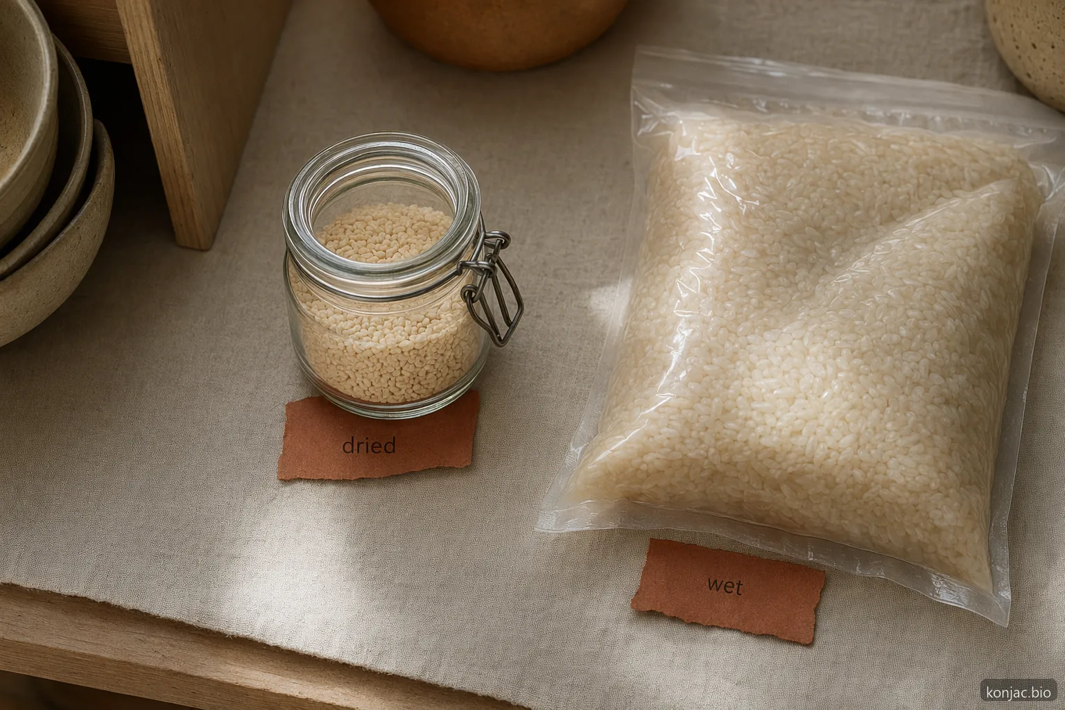 Il confronto di conservazione del riso konjac essiccato mostra un barattolo secco compatto che occupa meno spazio in dispensa rispetto a una busta umida.