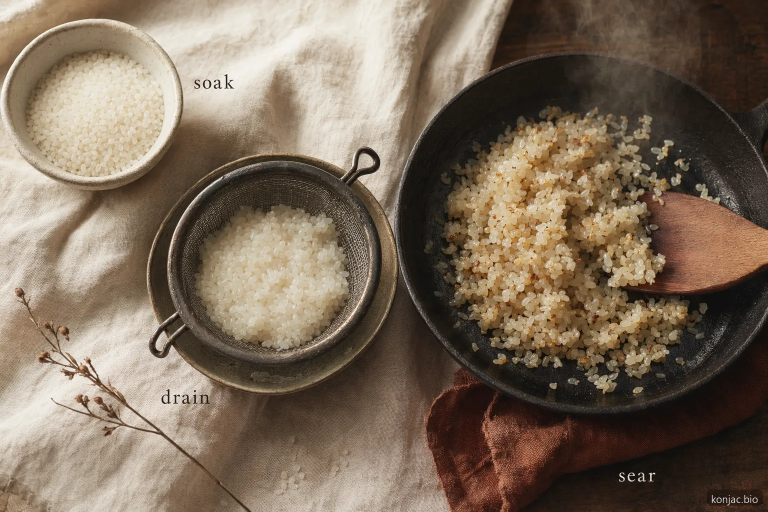 Il riso konjac secco risulta più sodo quando è completamente ammollato, ben scolato e poi rifinito in padella a secco