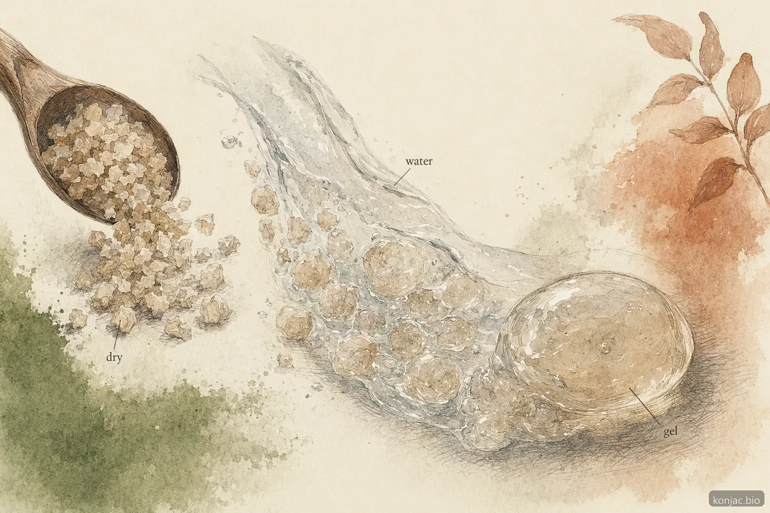 il riso di konjac è pericoloso, il rigonfiamento di glucomannan in gel spiega il gonfiore e perché le forme secche richiedono acqua