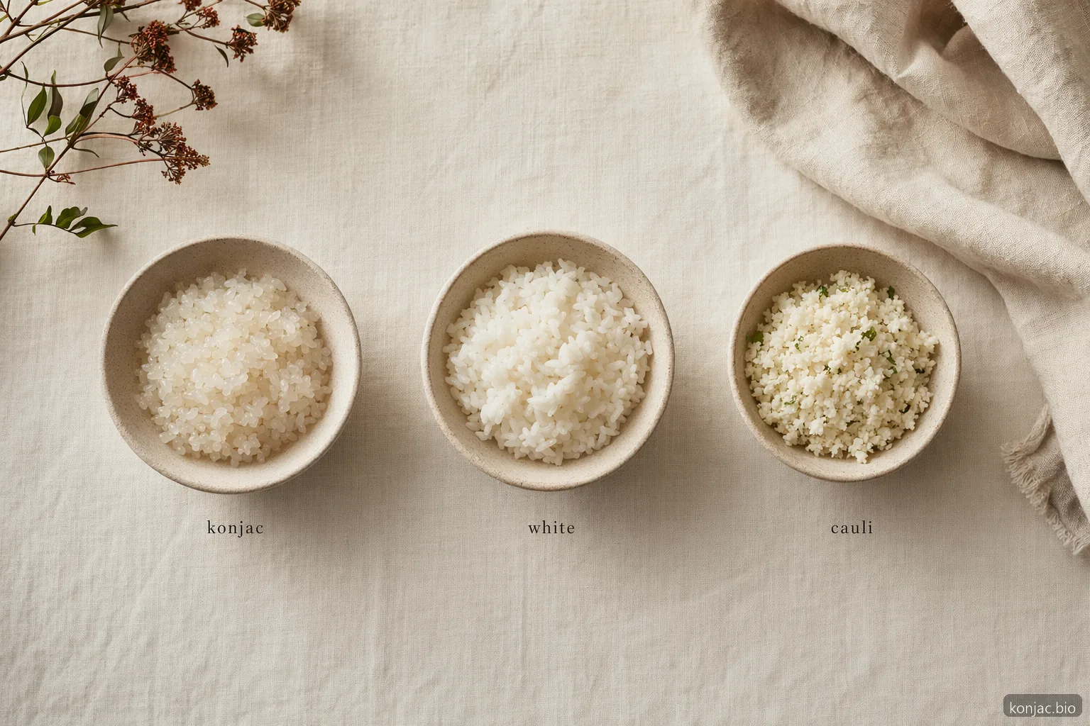 Il confronto delle calorie del riso di konjac usa ciotole uguali di konjac, riso bianco e riso di cavolfiore per mostrare sostituzioni a minore apporto energetico.