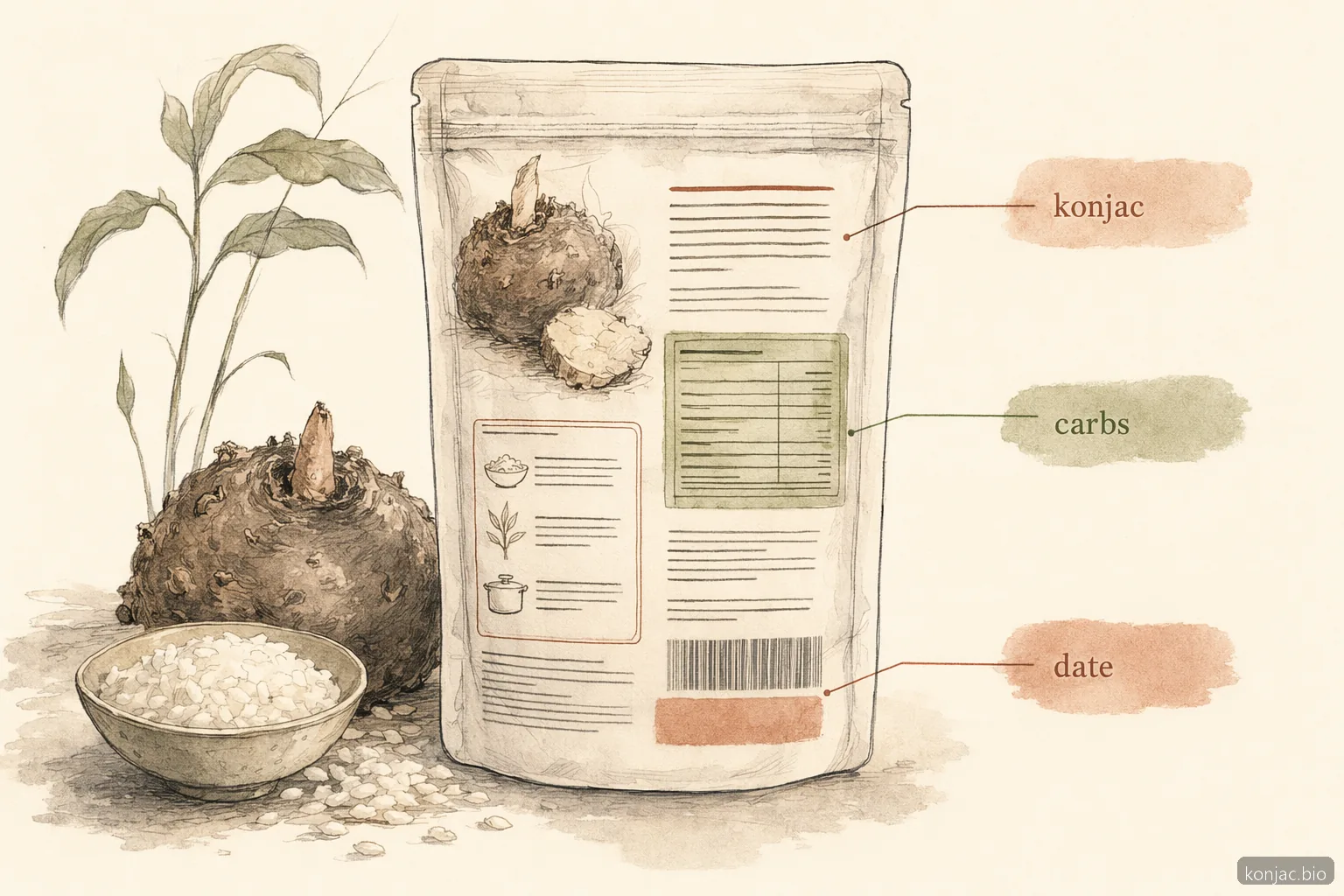 le etichette del riso konjac vicino a me dovrebbero indicare ingredienti konjac, carboidrati netti, porzione, date e istruzioni di conservazione