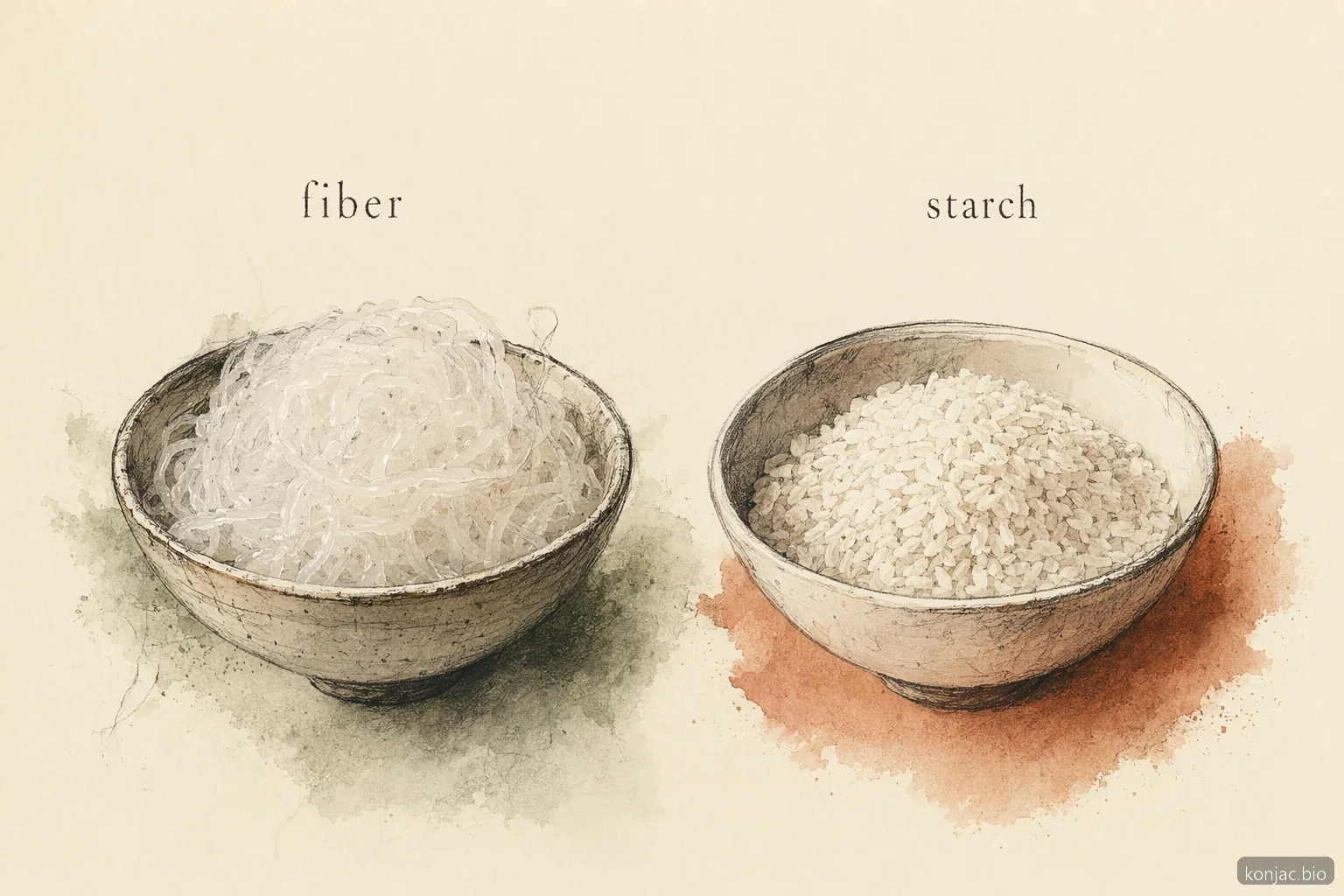 il riso shirataki miracle rice è composto principalmente da acqua e fibra glucomannan, a differenza del riso bianco ricco di amido.