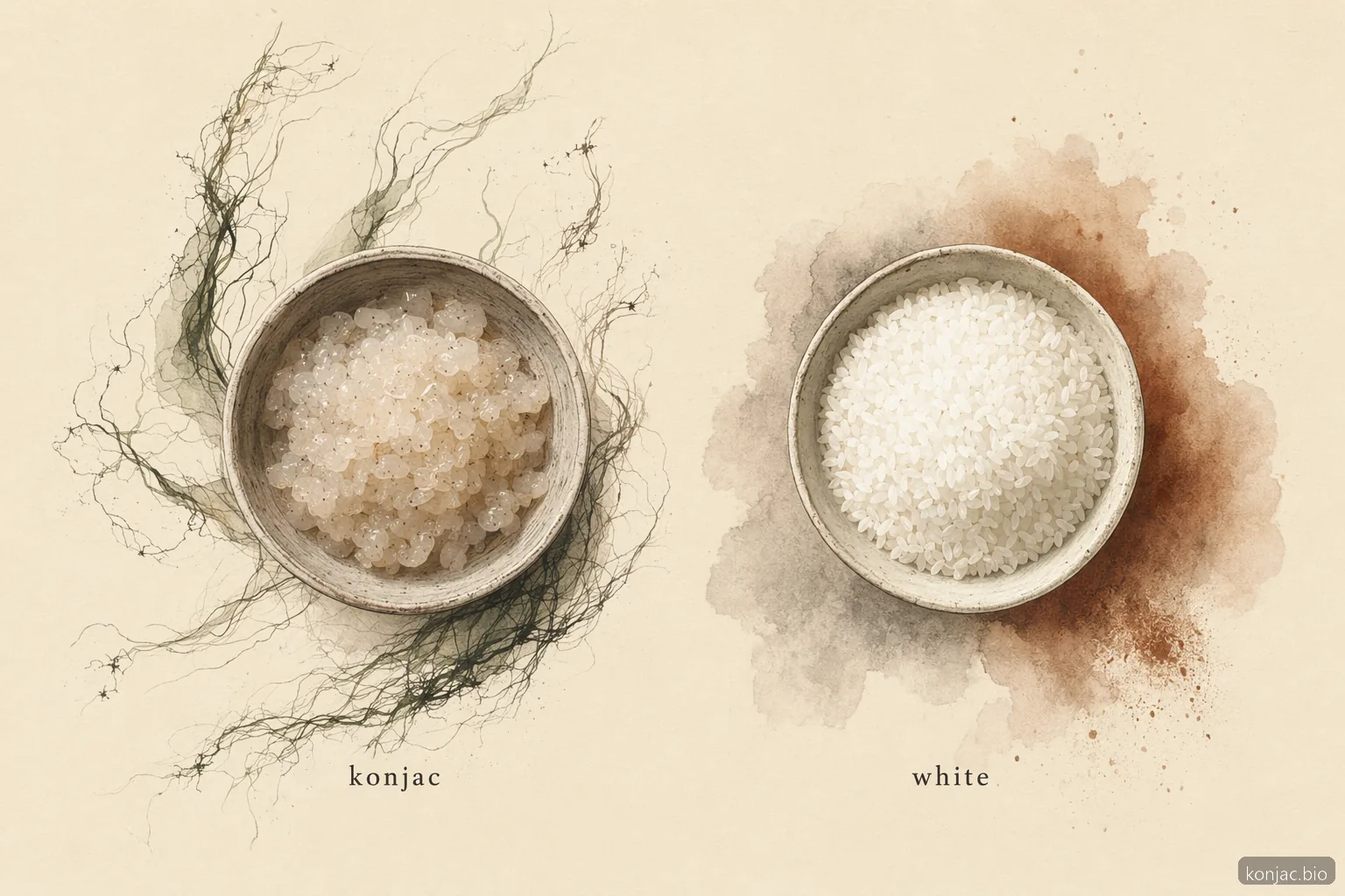 il riso shirataki konjac contiene soprattutto acqua e fibra di glucomannan, mentre il riso bianco è visibilmente più ricco di amido