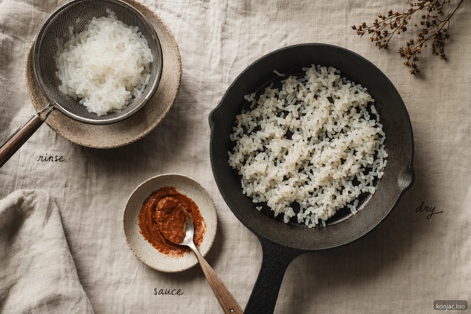 il riso shirataki konjac ha un sapore migliore quando viene risciacquato, riscaldato a secco e completato con una salsa decisa