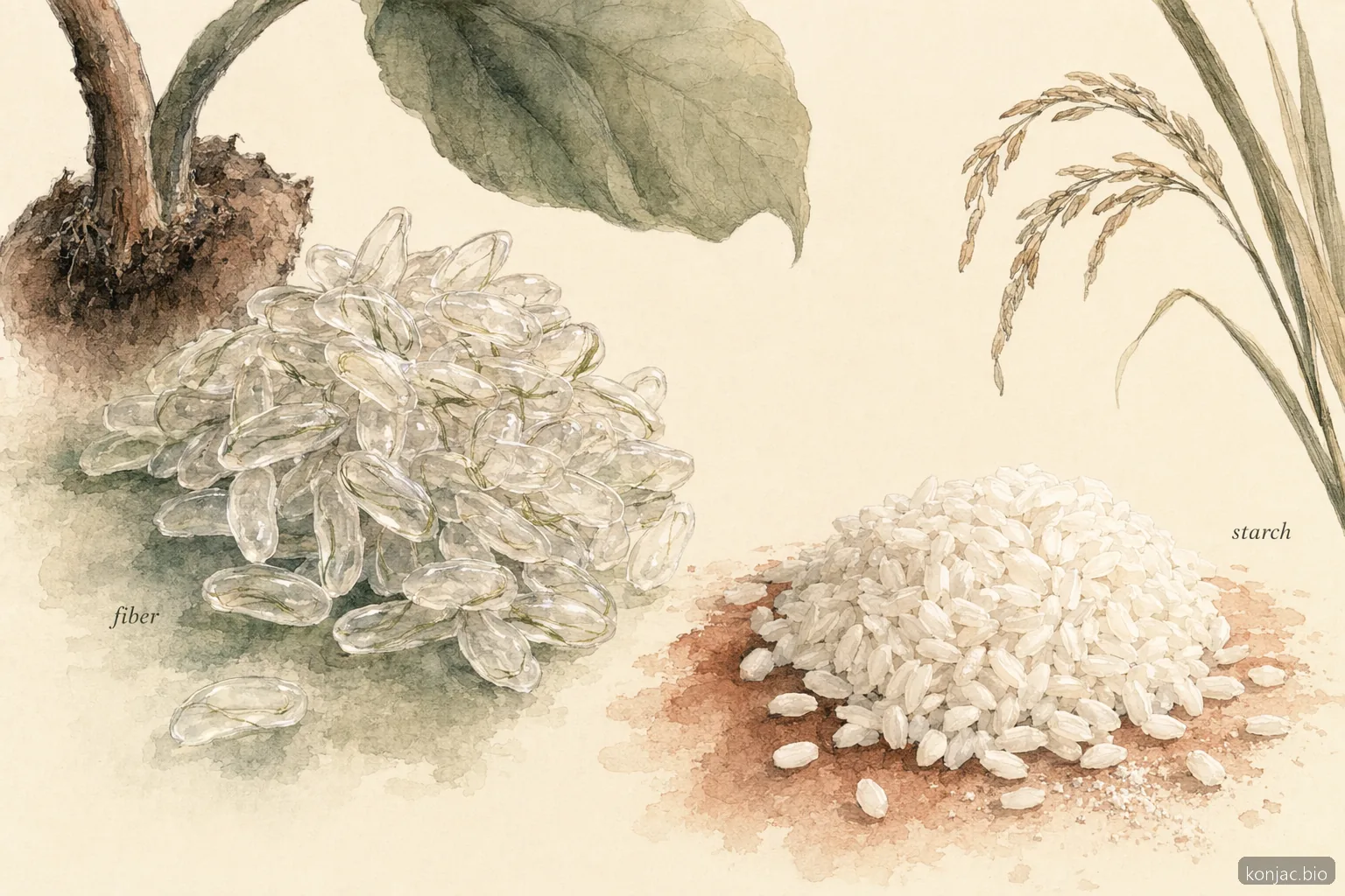 la nutrizione del riso miracle shirataki è composta soprattutto da acqua e fibre, mentre il riso bianco si presenta come una fonte di amido più densa