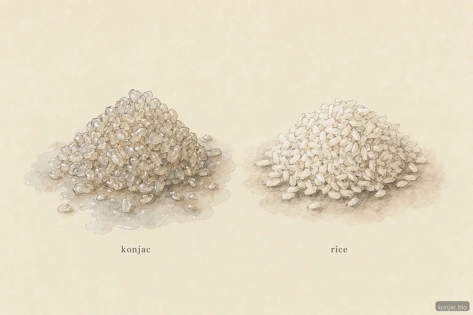 il confronto del riso shirataki konjac mostra che i chicchi traslucidi di konjac sono elastici, mentre il riso bianco appare amidaceo