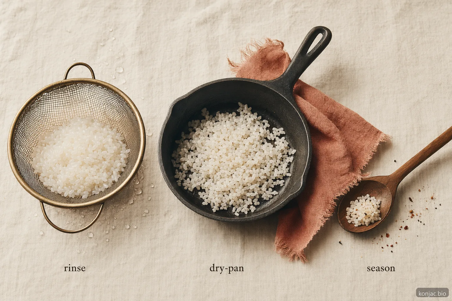 la preparazione del riso shirataki konjac mostra che il risciacquo seguito dal riscaldamento in padella a secco elimina l'acqua in eccesso prima del condimento