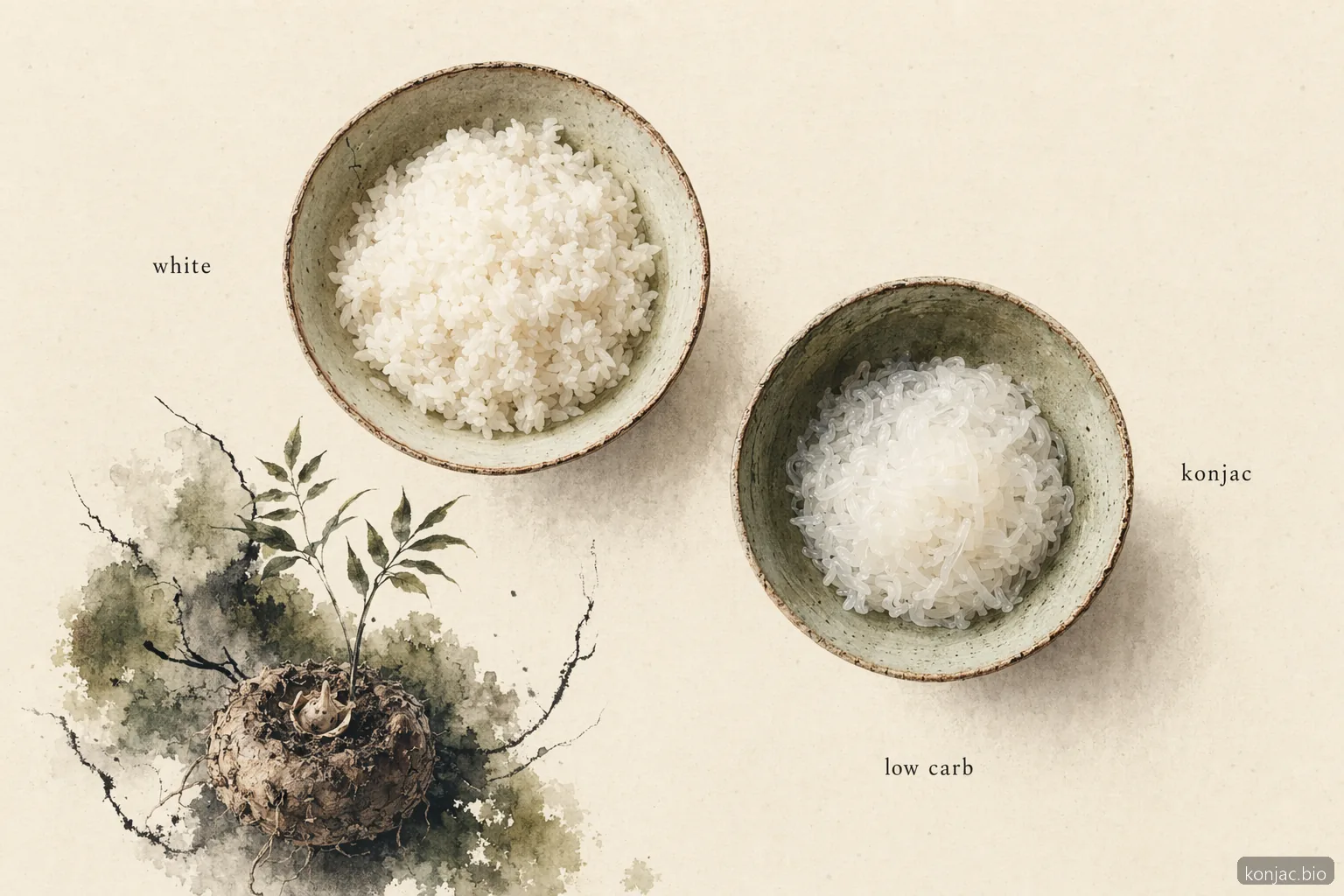confronto low carb del riso shirataki che mostra come il riso di konjac abbia meno carboidrati digeribili rispetto al riso bianco