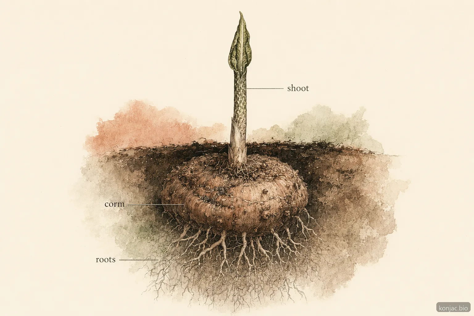 spaccato botanico della radice di konjac: mostra che il cormo edibile è un fusto rigonfio, con le vere radici al di sotto