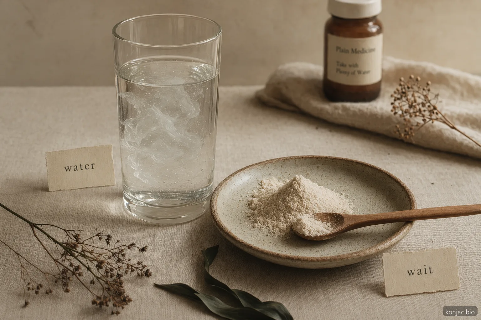 Konjac side effects glucomannan method mostra che la polvere richiede molta acqua e distanza dai farmaci.