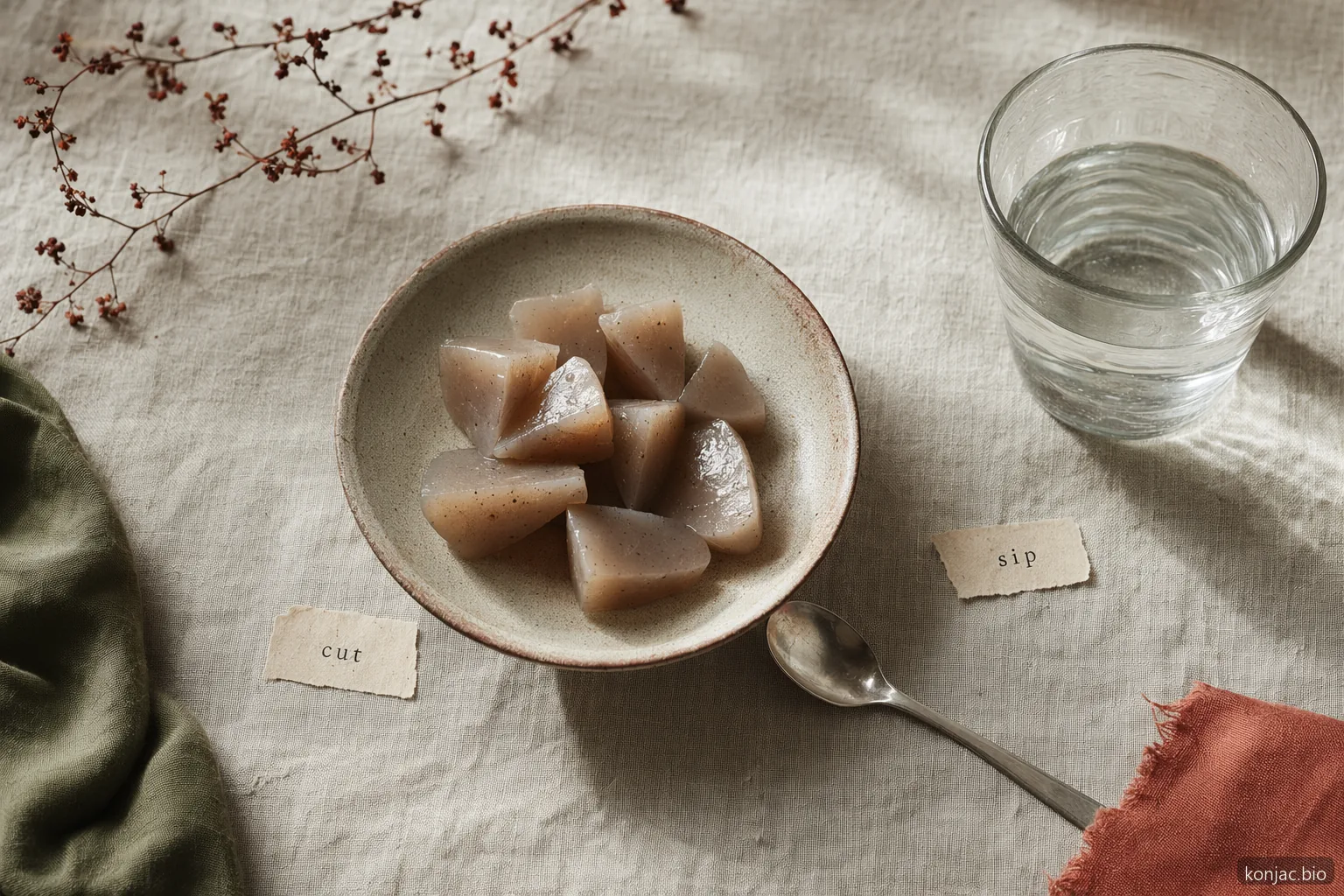 gli effetti collaterali della gelatina di konjac possono essere ridotti tagliando la gelatina in pezzi più piccoli, mangiando lentamente e sorseggiando acqua