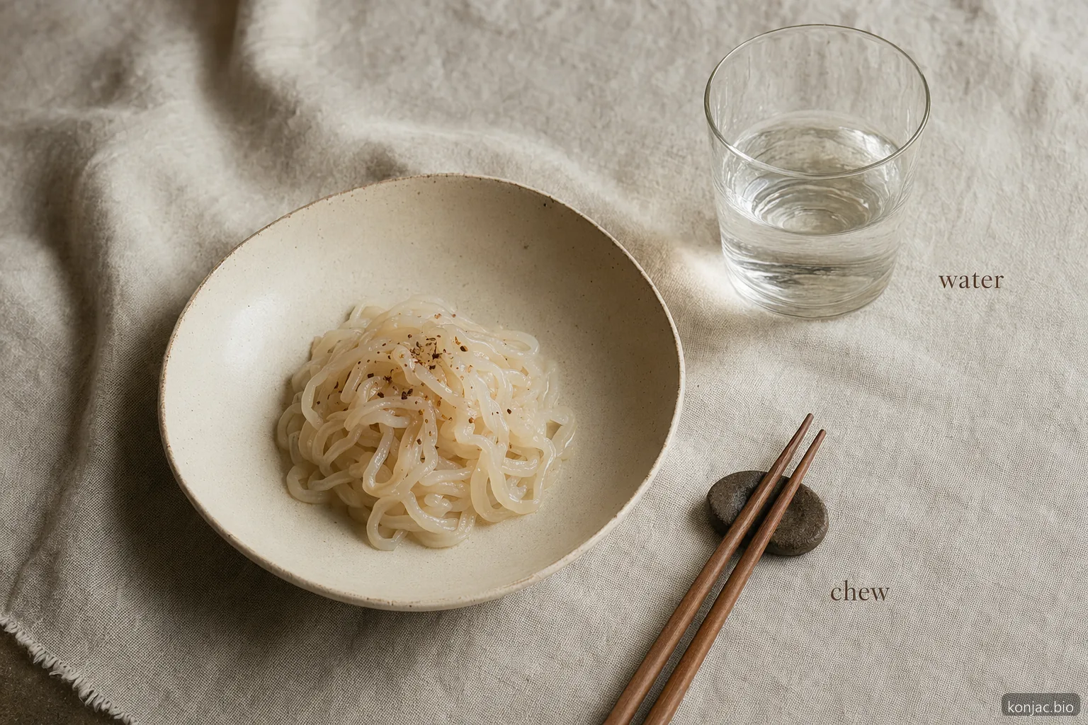 gli effetti collaterali dei noodles di konjac sono meno probabili quando una piccola porzione viene mangiata lentamente con acqua sufficiente a portata di mano