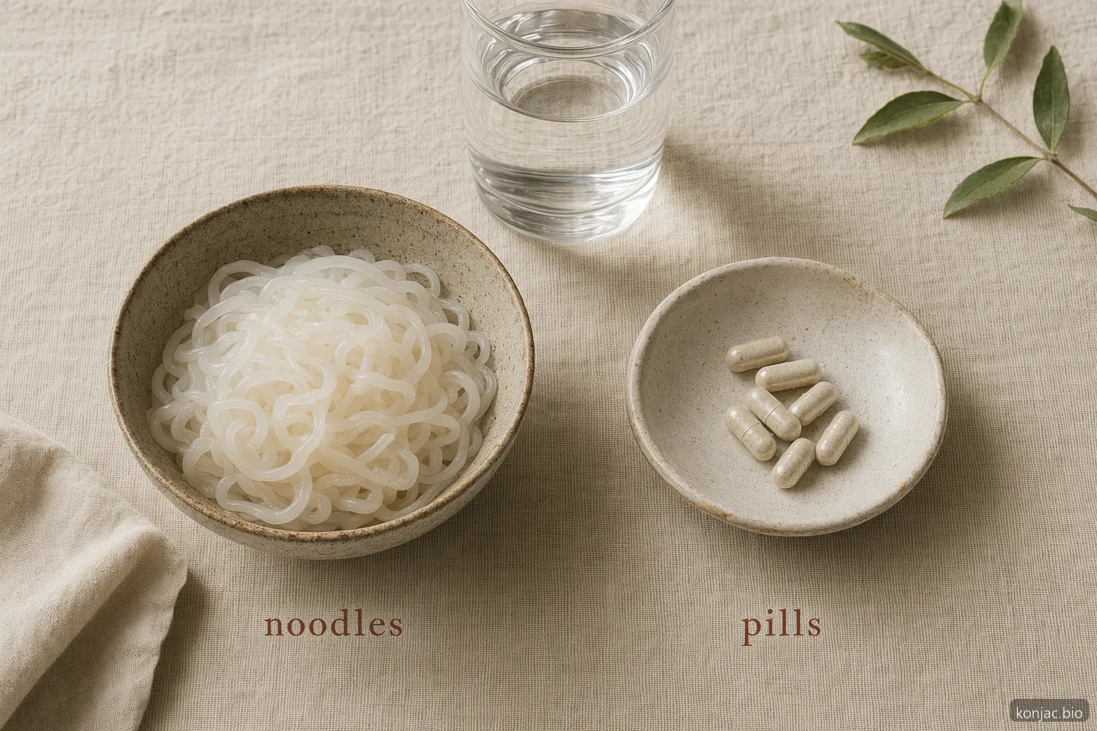 gli effetti collaterali dei noodles di radice di konjac differiscono da quelli delle capsule perché glucomannan concentrato richiede acqua sufficiente per transitare in sicurezza