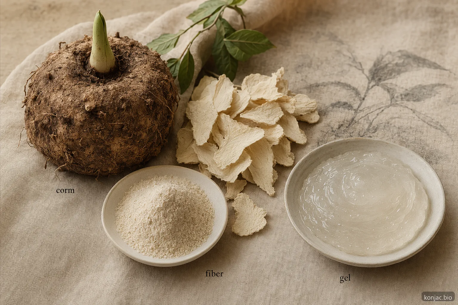 Konjac skincare process moves from konjac corm to dried fiber, powder and hydrated gel used in formulas.