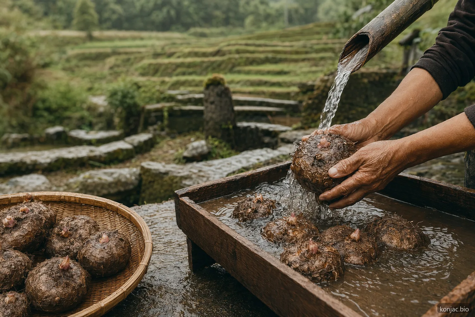 Konjac skincare sourcing begins with harvested konjac corms washed near fields before fiber processing.