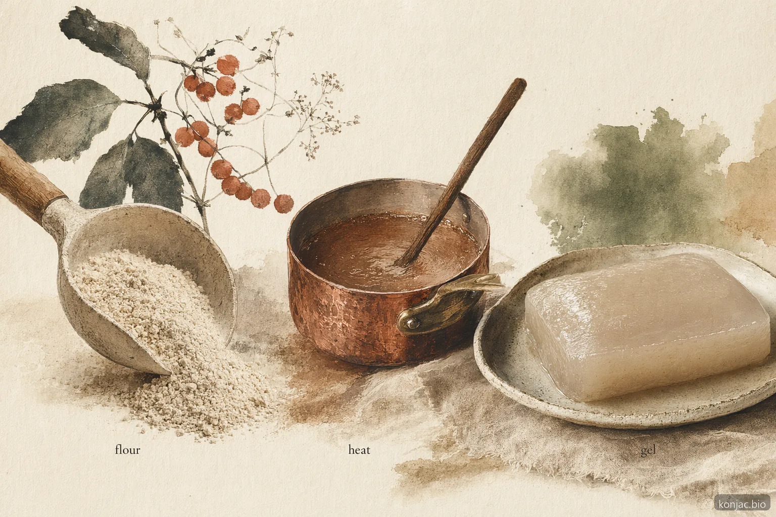 Gli snack konjac partono da farina di konjac idratata e riscaldata fino a formare un gel, creando la base gommosa per caramelle, boba e gelatina.
