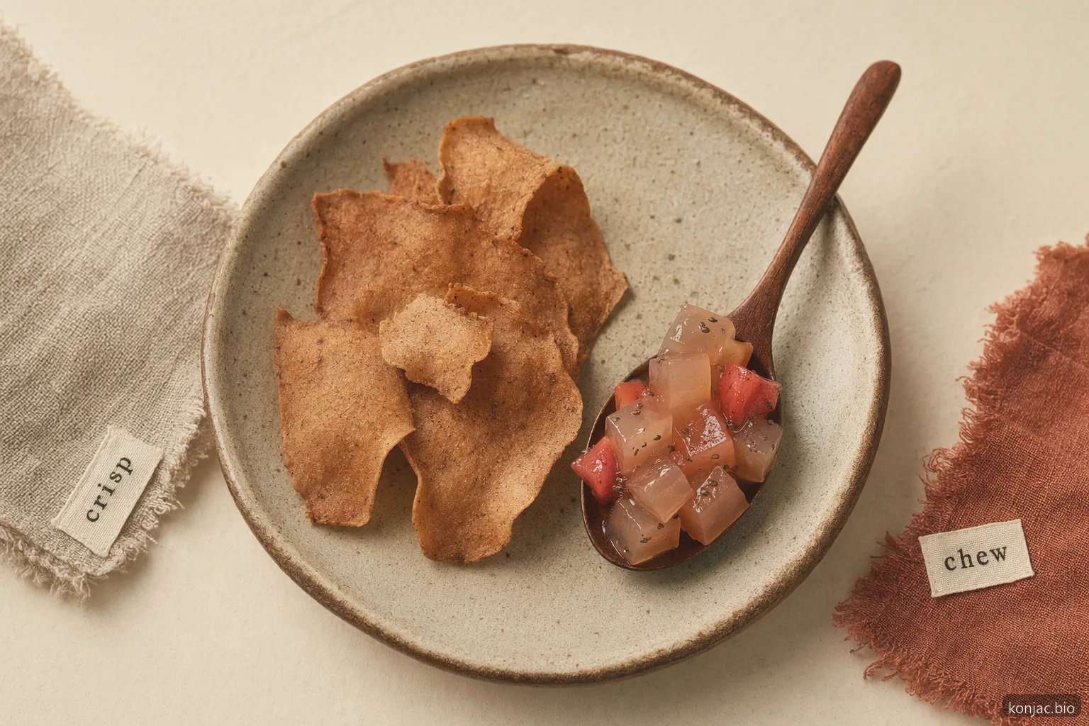 Gli snack konjac possono essere chips croccanti o gelatina gommosa, e la porzione determina quanto lo snack risulta leggero o saziante.