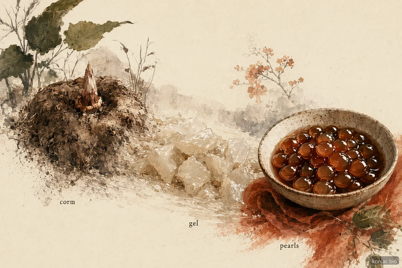 il boba di konjac parte dal cormo di konjac, diventa gel idratato, poi viene formato in perle masticabili per sciroppo