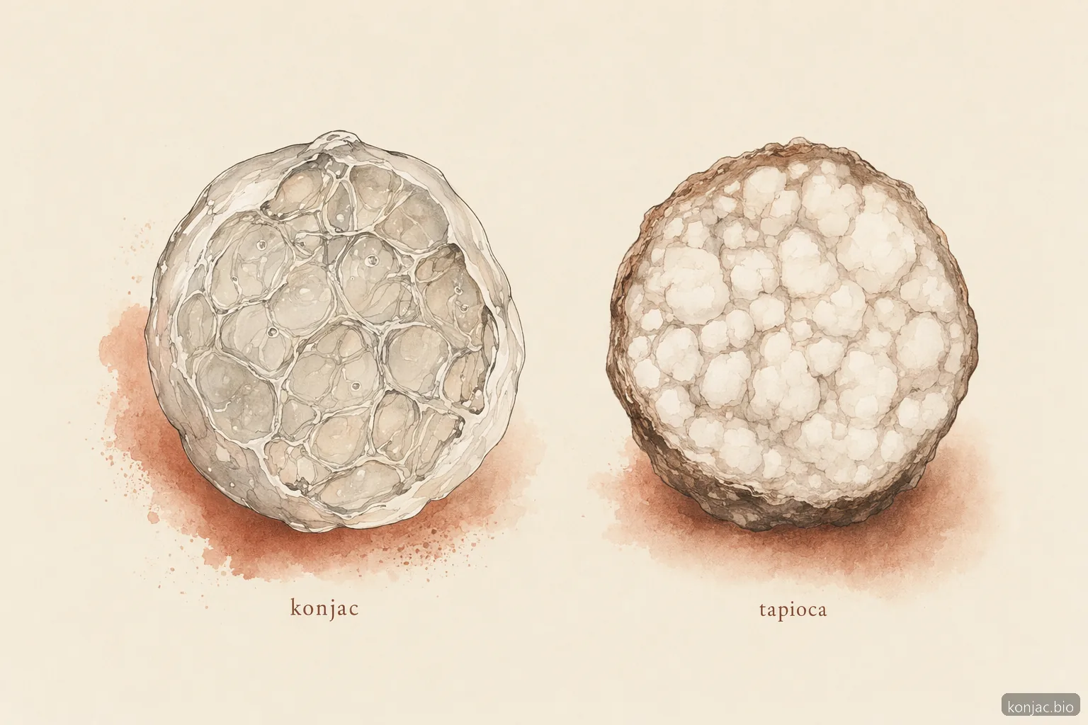le perle di konjac boba hanno una rete gelificata più leggera rispetto alle perle di tapioca, che sono più dense e a base di amido