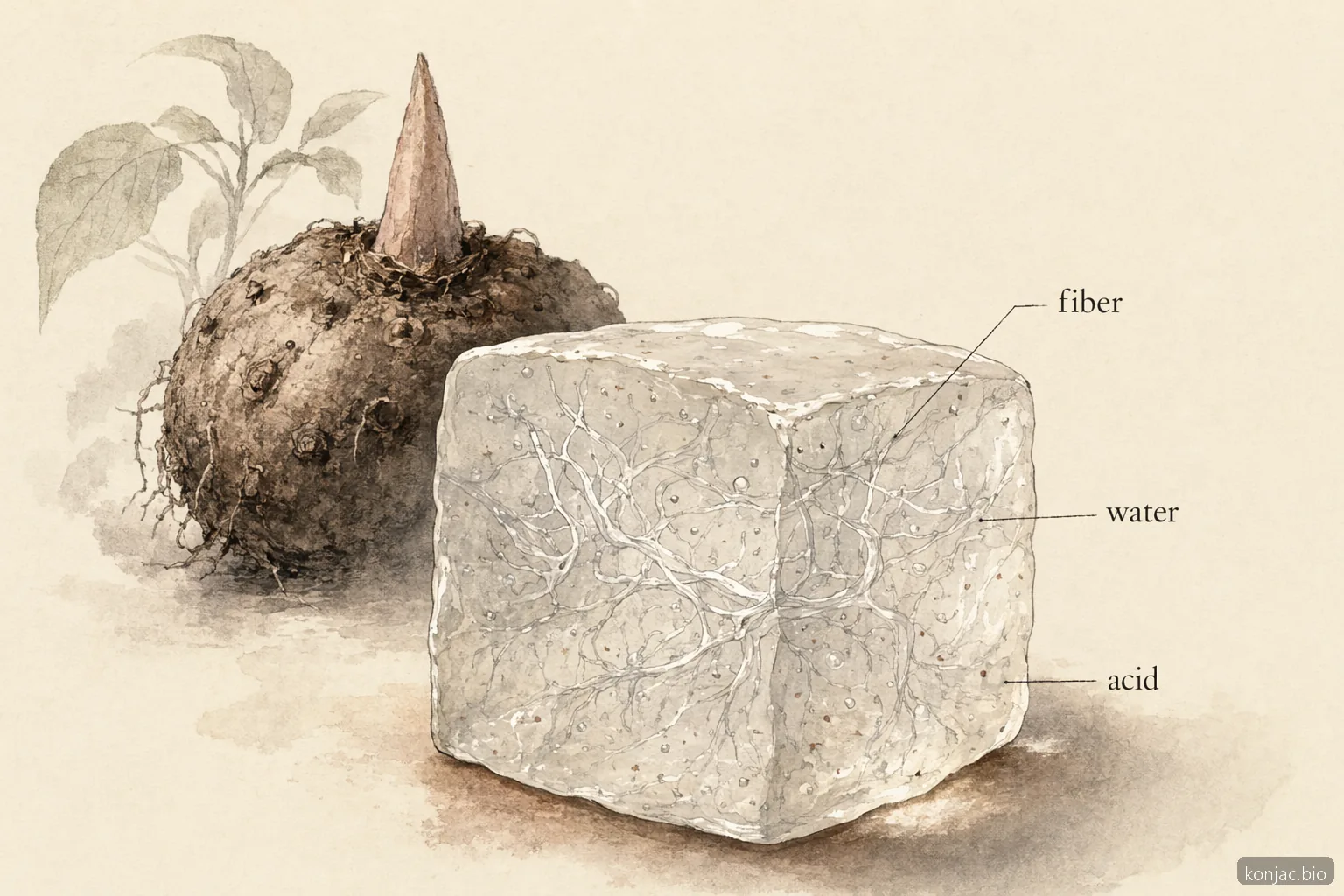 La rete gelificata delle caramelle di konjac si forma quando la fibra glucomannan si idrata con acqua, acido e dolcificante