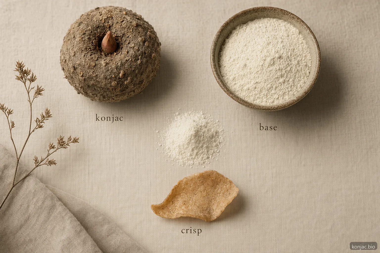 le chips di konjac usano farina di konjac con basi di riso o lenticchia, non solo konjac, per creare una croccantezza leggera da snack
