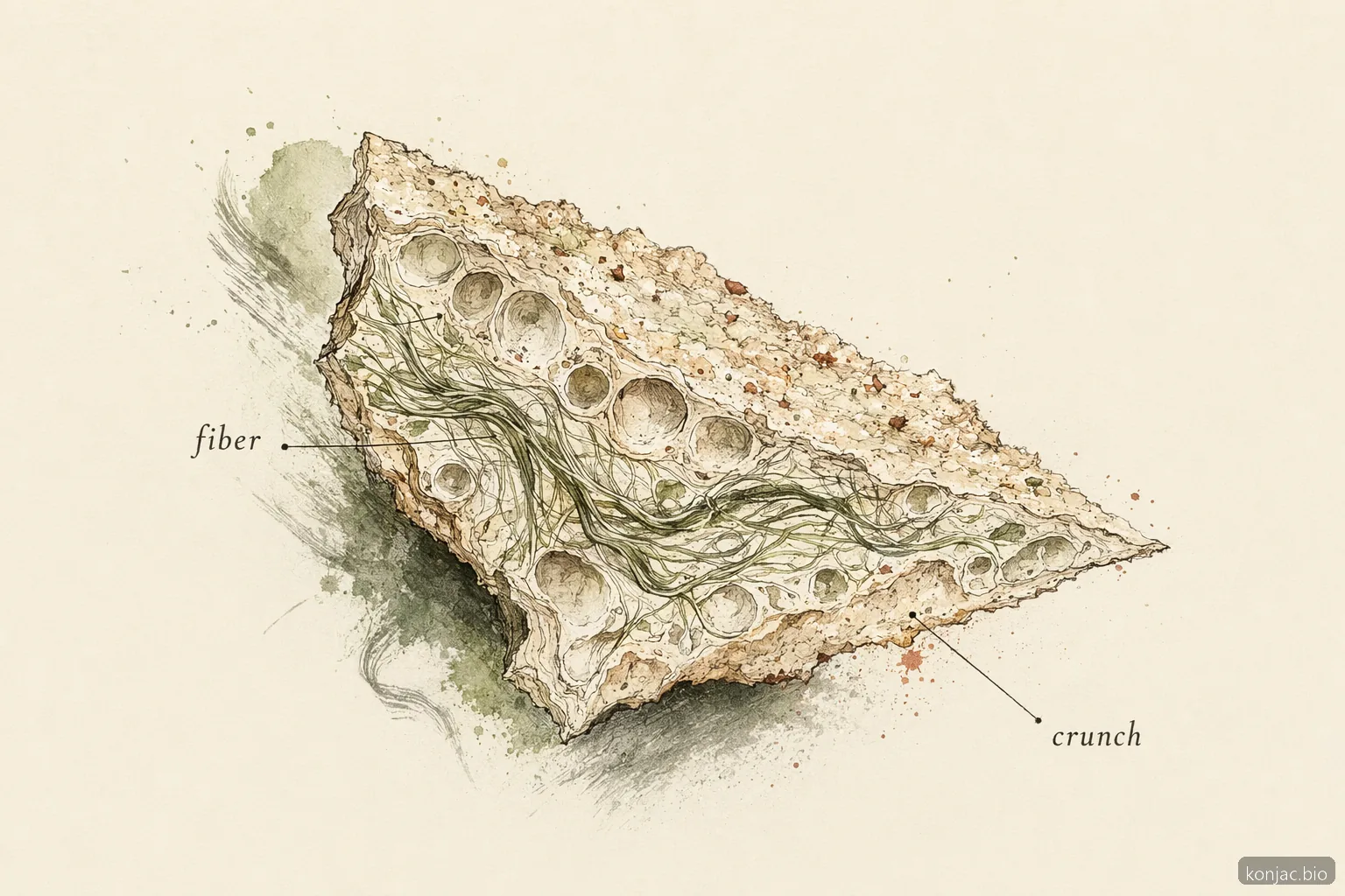 le chips di konjac bilanciano fibra solubile e struttura amidacea aerata, così lo snack resta croccante senza risultare pesante