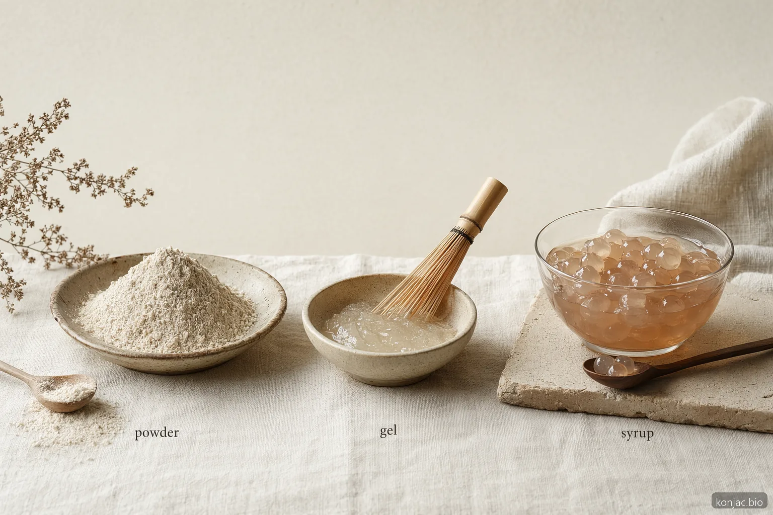 gli ingredienti del boba cristallino di konjac mostrano la polvere idratata in perle gelificate, poi mantenuta pronta al servizio in sciroppo