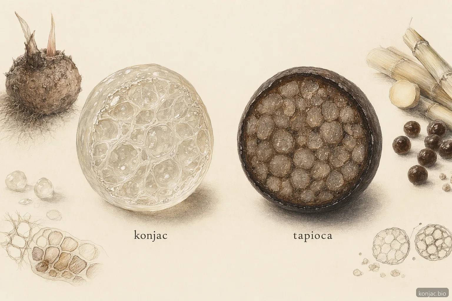 il boba cristallino di konjac differisce dalle perle di tapioca perché utilizza una rete gelificata più trasparente invece di una masticabilità densa da amido