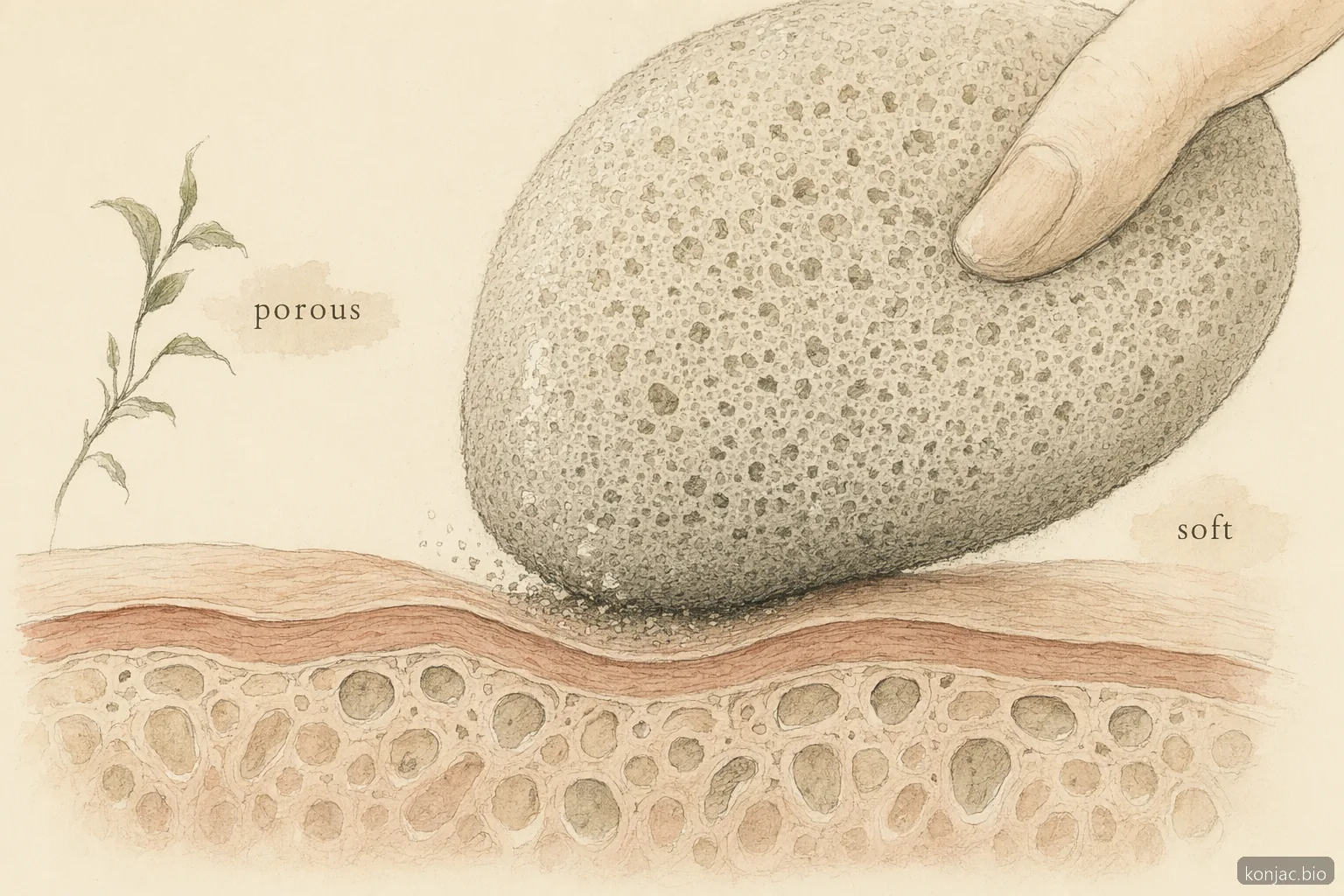 benefici della spugna konjac spiegati da una sezione trasversale porosa che mostra come un contatto morbido possa rimuovere delicatamente le scaglie superficiali.