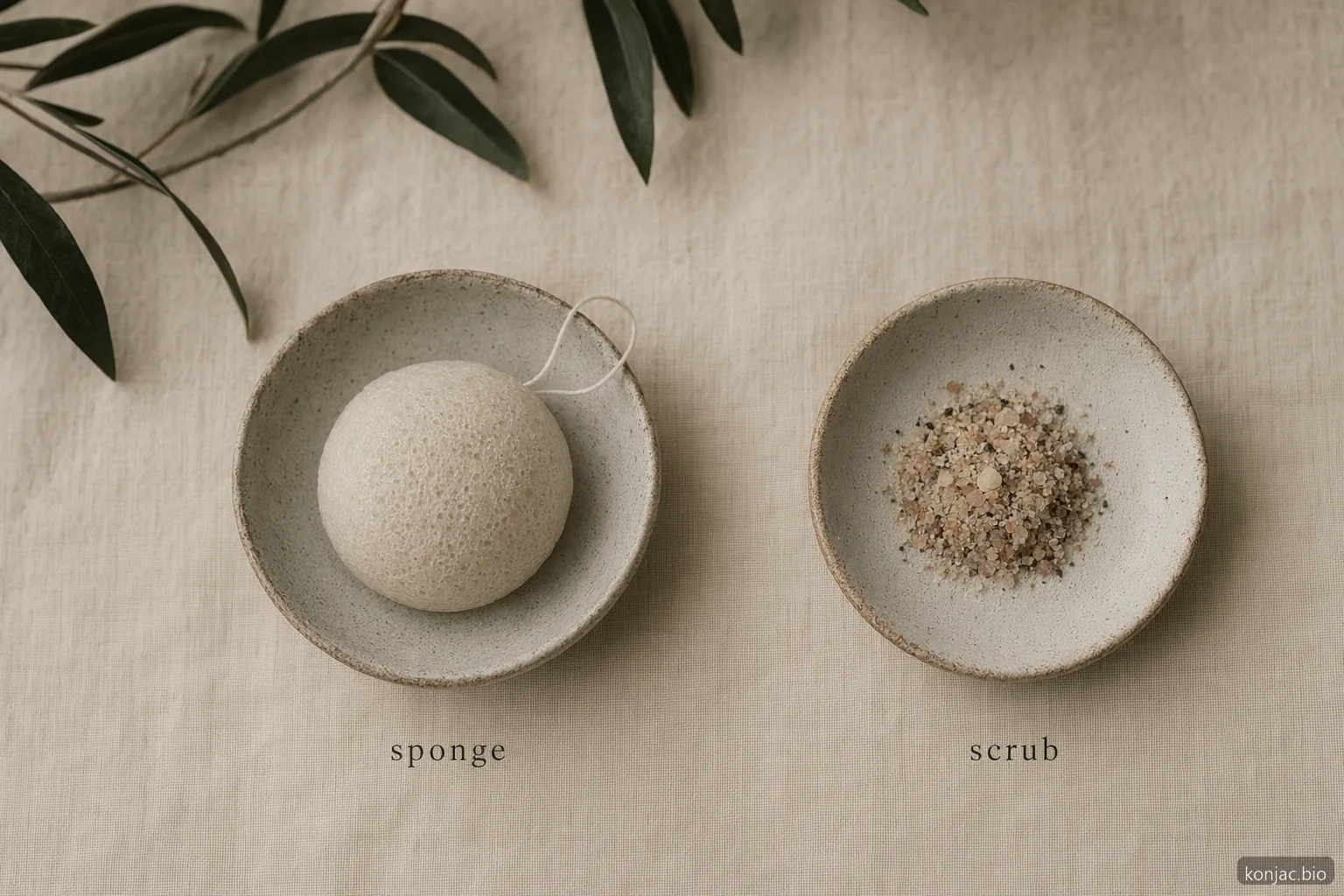 benefici della spugna konjac confrontati con granuli di scrub viso, mostrando uno strumento più morbido per una leggera esfoliazione quotidiana.