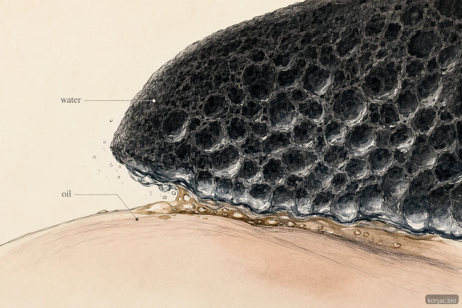 sezione trasversale di una spugna konjac nera che mostra la fibra porosa rigonfia mentre solleva il sebo superficiale con l’acqua, non con uno sfregamento aggressivo