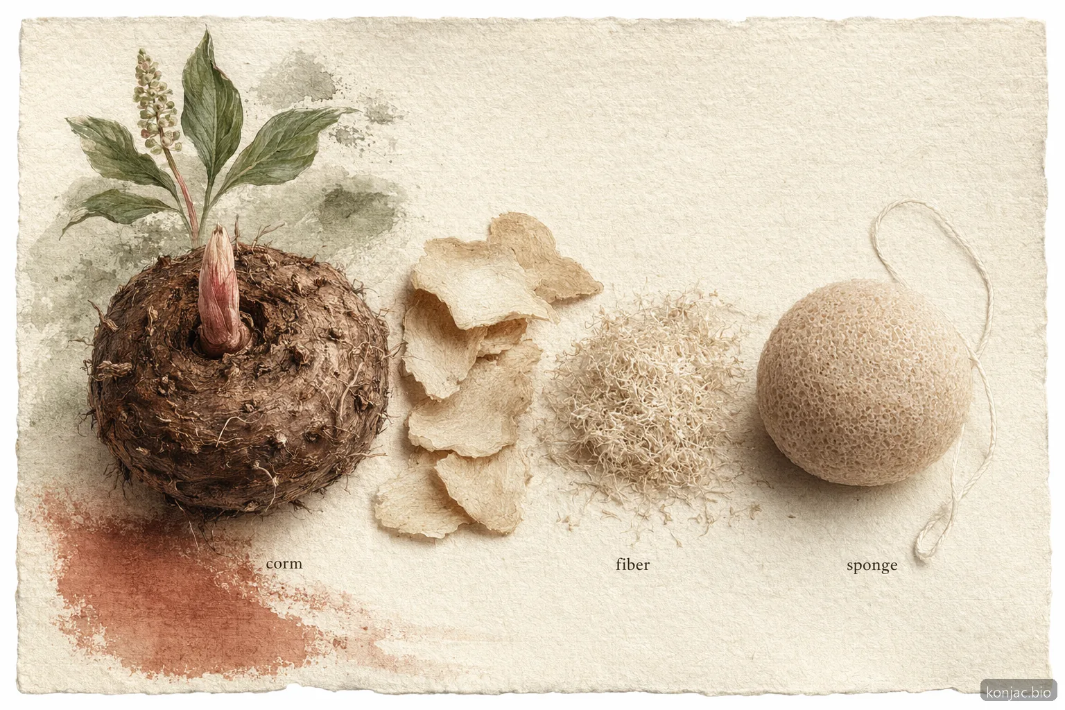 la produzione della spugna konjac parte dalla fibra del cormo di konjac, che viene lavorata, modellata, essiccata e reidratata per l’uso.