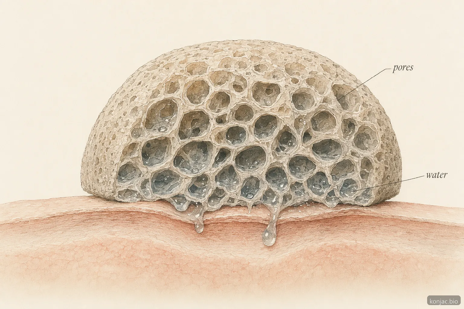 la struttura porosa della spugna konjac trattiene l’acqua, aiutando lo strumento a detergere con una leggera esfoliazione fisica.
