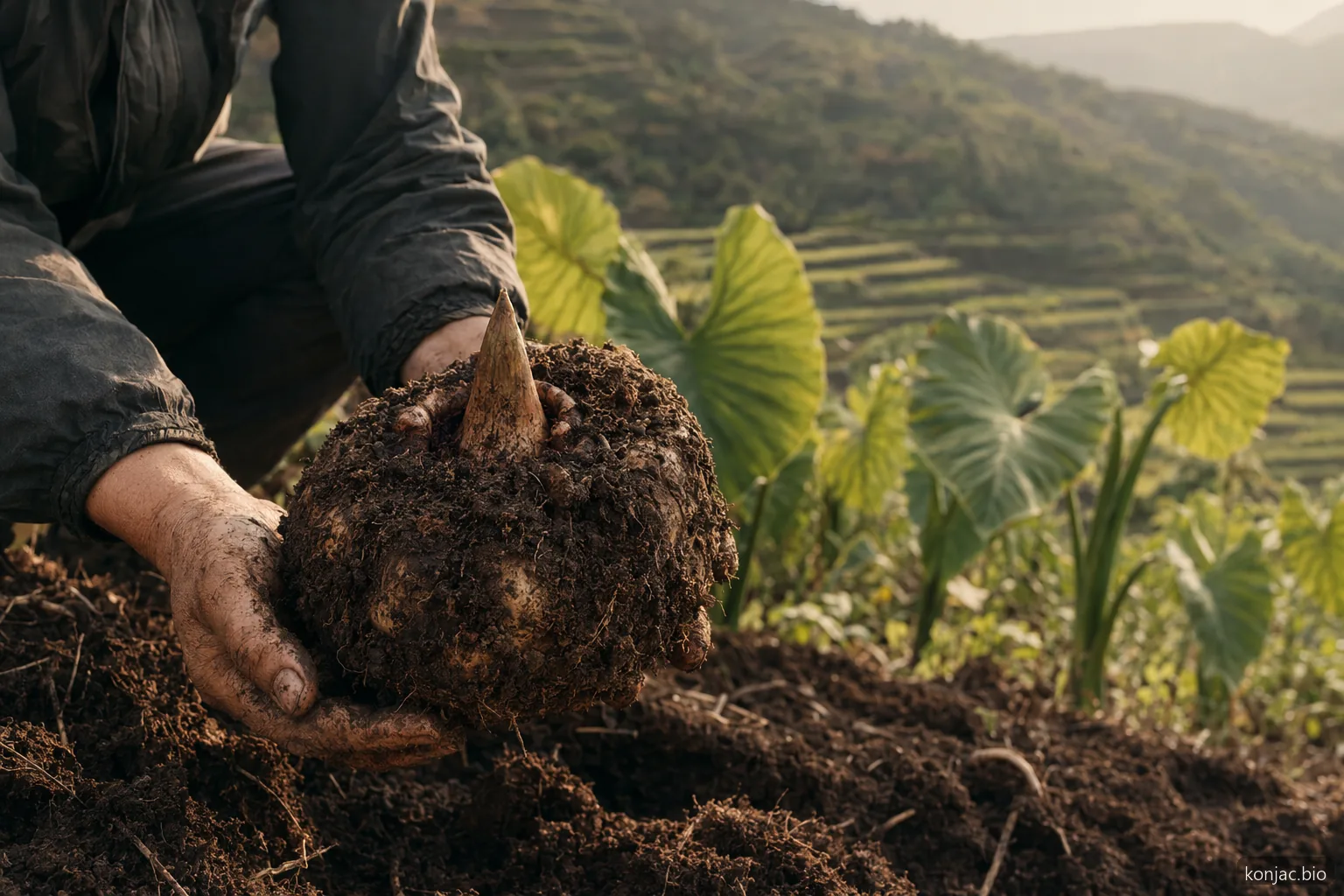 l’origine della spugna konjac è il cormo di Amorphophallus konjac, raccolto per la fibra usata negli strumenti naturali per la cura della pelle.