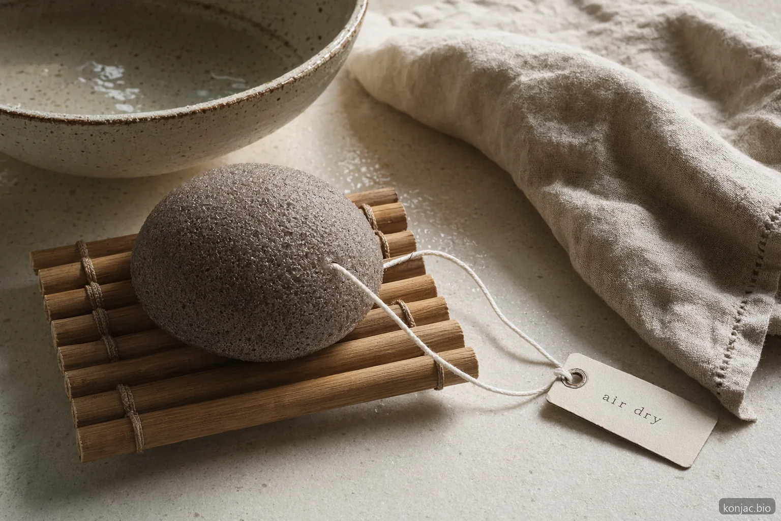 spugna konjac per il viso che si asciuga all’aria su una griglia in bambù; risciacquo e asciugatura aiutano a mantenerla fresca tra un uso e l’altro